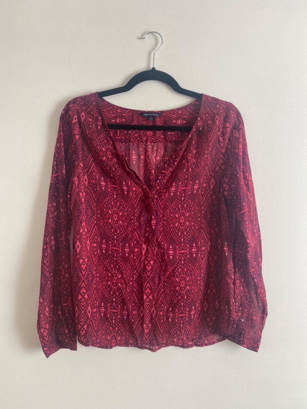 American Eagle Sheer Pink & Burgundy Geometric Long-Sleeve Blouse Size S